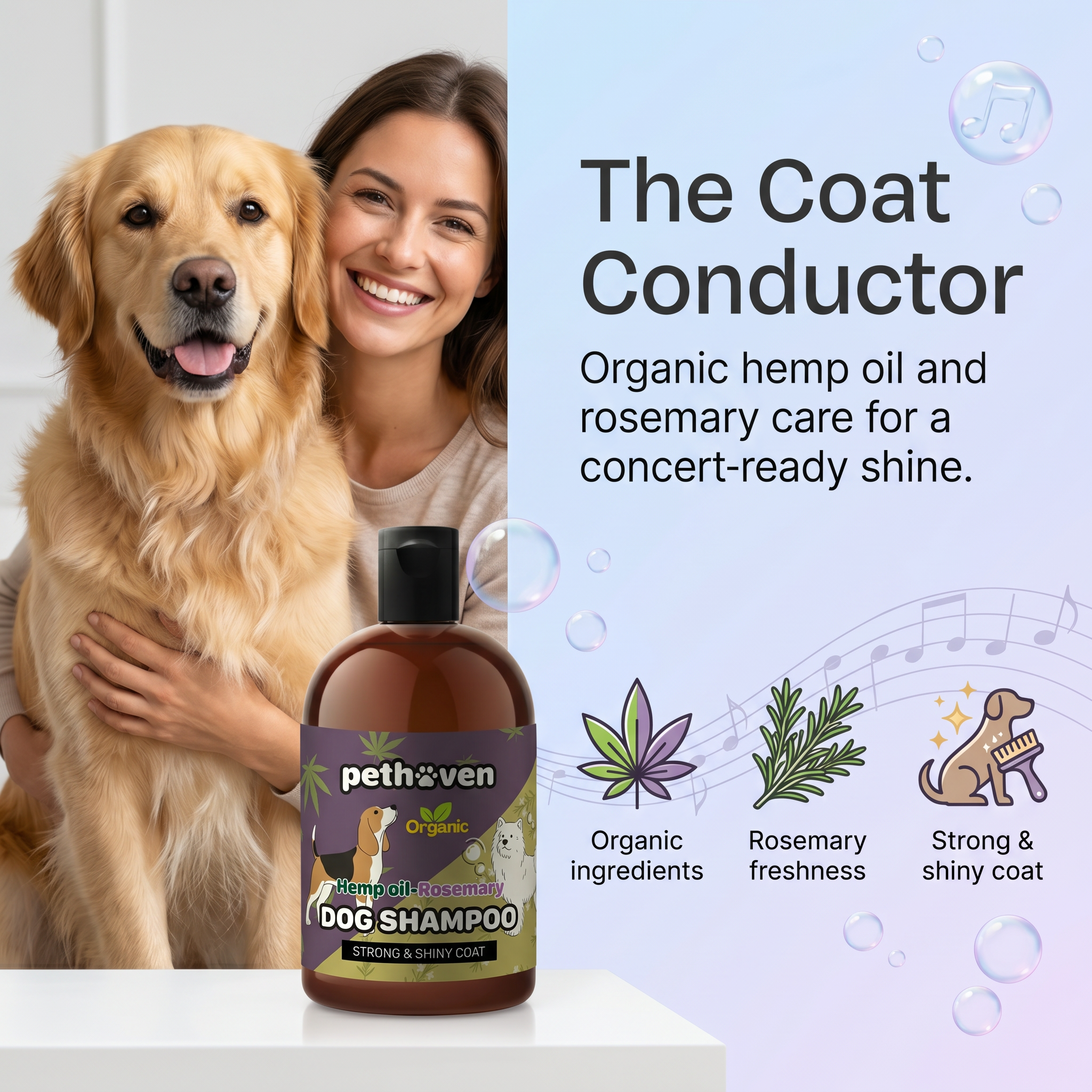 Pethoven Hemp Oil-Rosemary Dog Shampoo styled with a golden retriever — the 'Coat Conductor' formula for a strong, shiny coat.